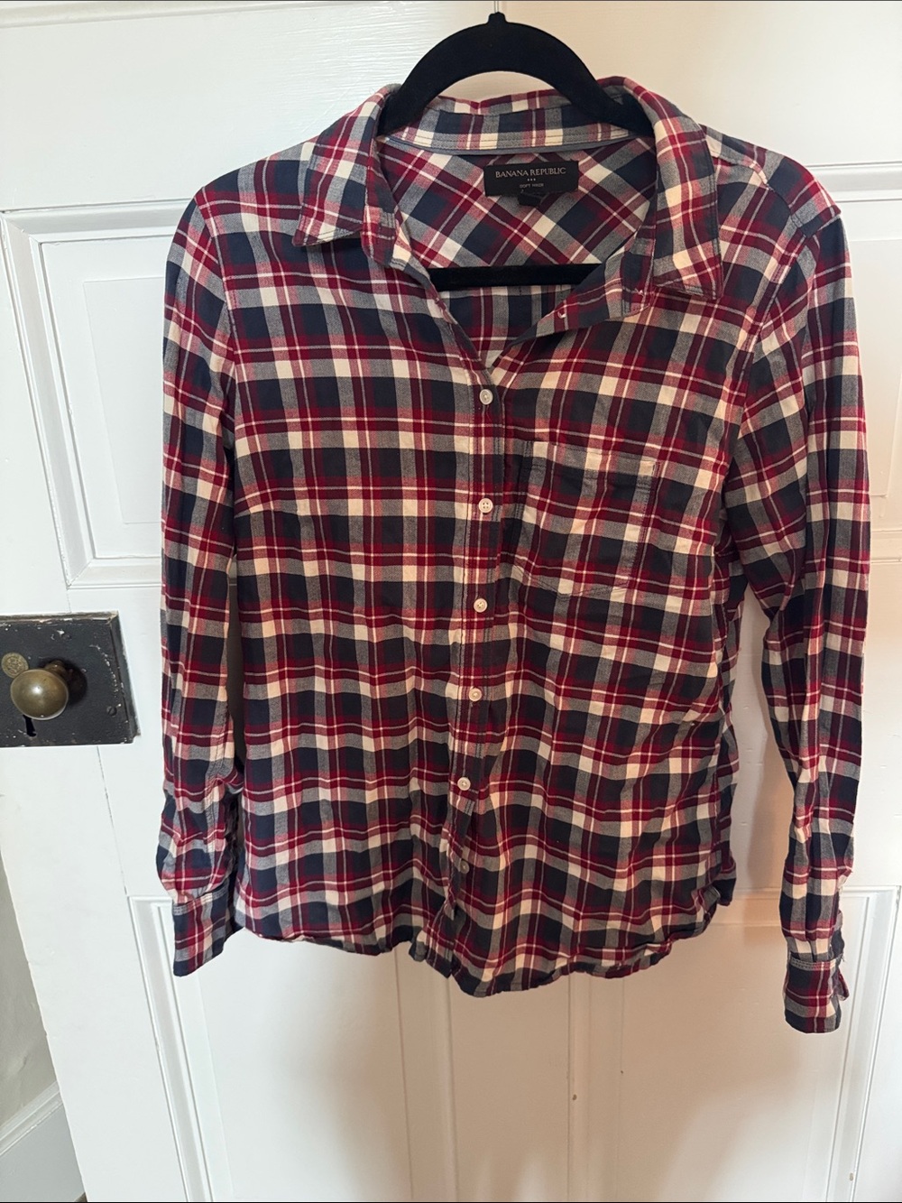 Banana Republic Navy, Red and Cream Plaid Button-Up Shirt